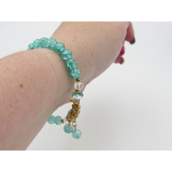 NWOT Turquoise & Gold Glass Beaded Bracelet – Boho Chic Stretch Style - Picture 3 of 4